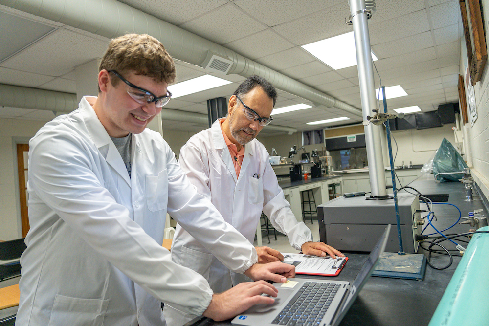 A Marietta College student works with Environmental Engineering professor Dr. Juan Carlos Ramirez-Dorronsoro 