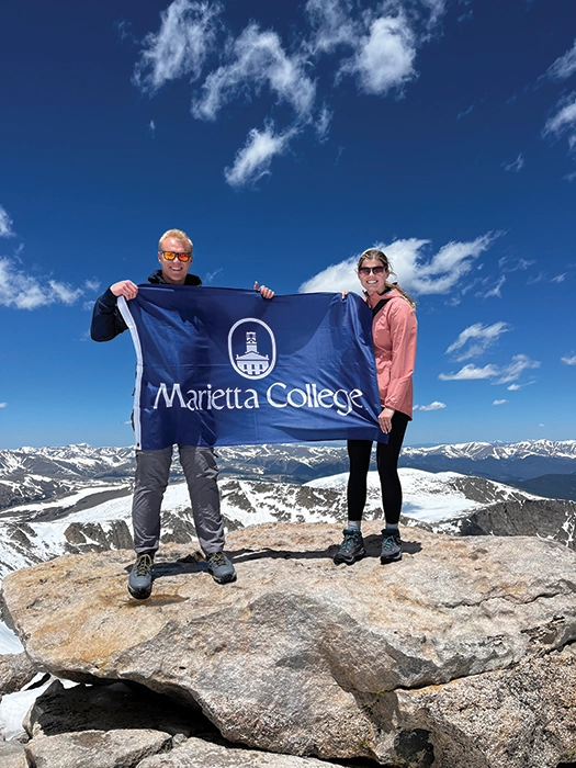 Marla Baker ’20 and Andrew Baker ’20 shared a photo of their successful four-hour climb of Mount Evans — one of Colorado’s 14ers. The couple showed their Pioneer pride atop the 14,255-foot peak.