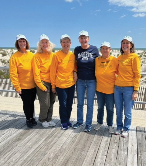 a mini-reunion of Alpha Sigma Taus from the classes of 1972 and 1973 in Ocean City, New Jersey. Pictured from left to right are: Donna Rockcastle Schalge, Barbara Poehlmann Moyer, Beth Thompson Miller, Barbara Perry Fitzgerald, Chris Fleckles and Cherie Gregory Spector.
