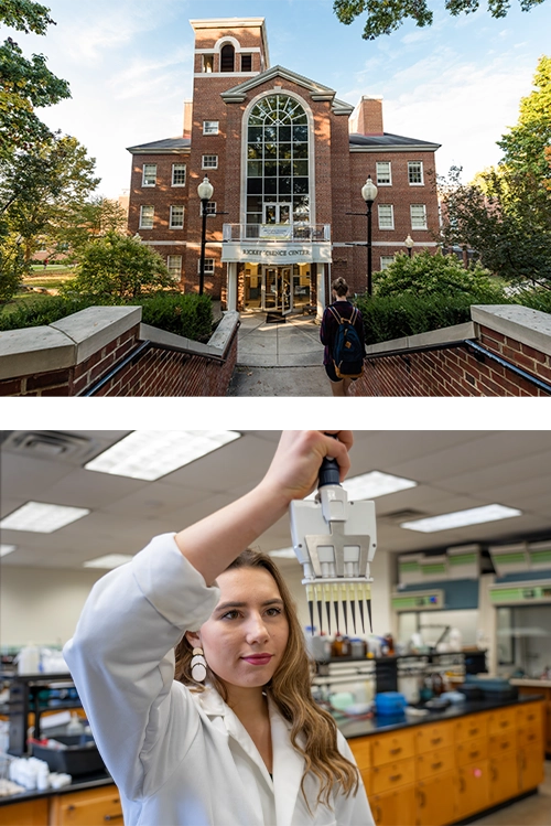 Upper: Rickey Science Center exterior. Lower: A student in a science lab