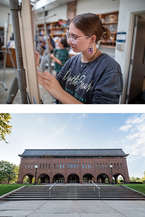 Upper: Art student draws in class. Lower: Hermann Fine Arts Center Exterior