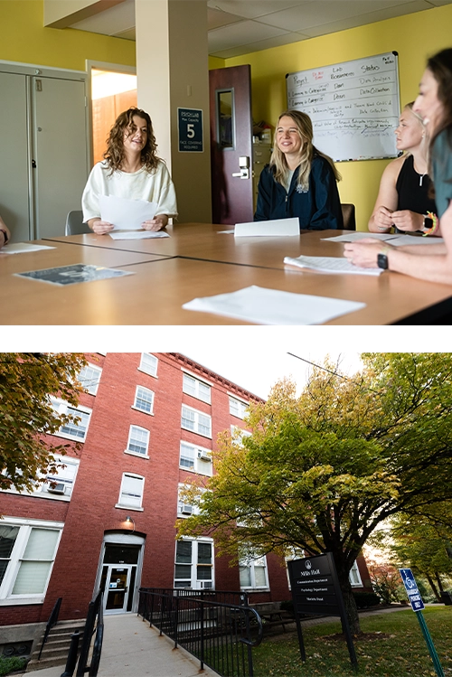 Upper: Students and professor in a psychology class in Mills Hall. Lower: Mills Hall exterior