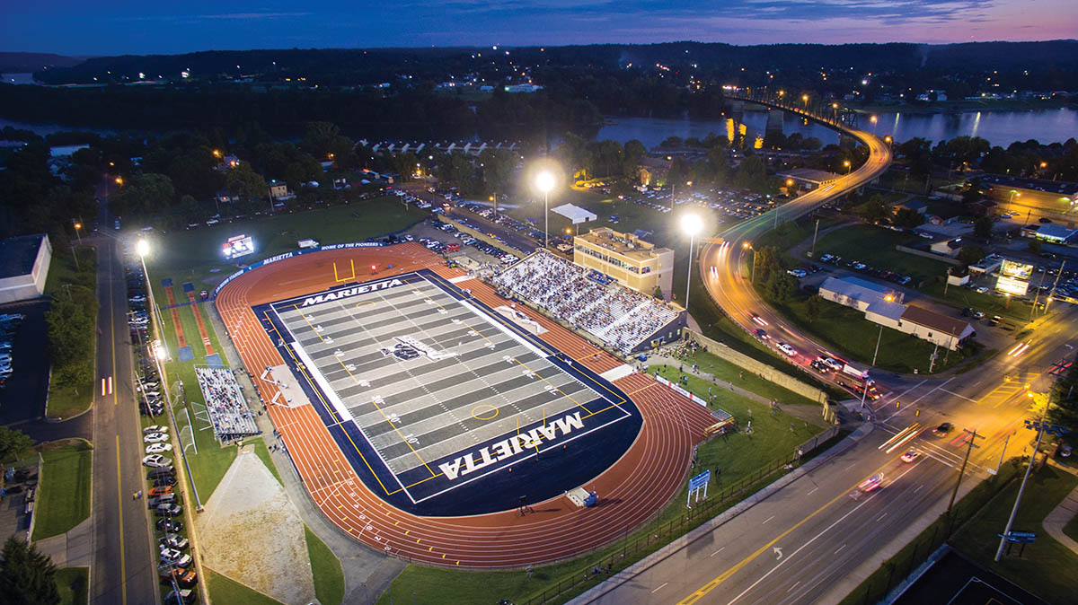 A drone shot looking down at the new Don Drumm stadium at dusk