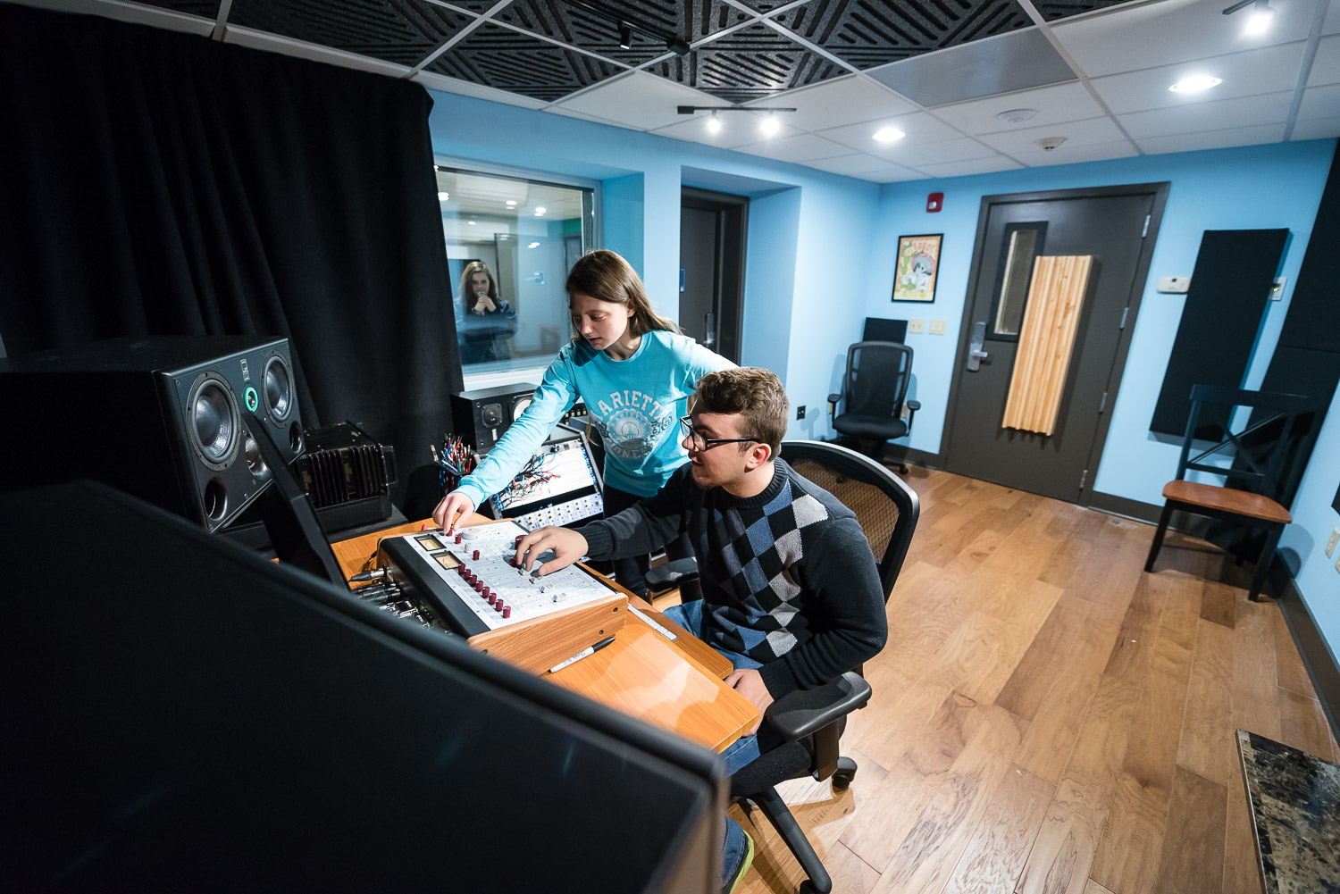 Two Marietta College students in the new recording studio