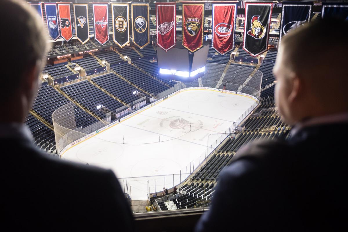 Marietta College students look over the ice rink belonging to the Columbus Blue Jackets