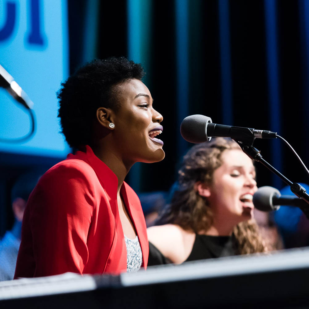 Grace Matombe ’20 sang gospel music as Sadie Johnson ’19 provided backup vocals and played guitar during a taping of PBS’s Songs at the Center