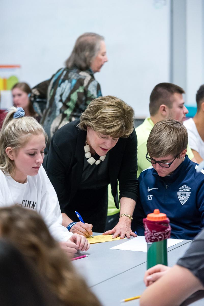Carole Hancock works with Education students at Marietta College