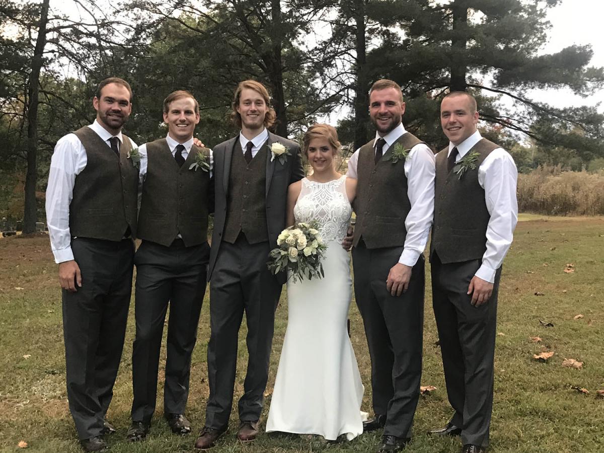 Joseph Unger ’14 and Sunni Clyse were married on Oct. 7, 2017, at Saint Lawrence Catholic Church in Ironton, Ohio. Pictured with the couple are groomsmen (from left) Taylor Pottmeyer ’14, Jonathan Monnig ’14, Joseph, Sunni, Eric Hansen ’14 and Lucas Eick ’14. Other alumni in attendance were Payton Blair ’15, Darci Combs ’14, Kaitlin Pottmeyer ’16, Andrew Fitzgerald ’14, Tim Hemenway ’14, Stacey Smith ’14, Melina Feitl ’14, Megan Heater ’16 and Layne Archer ’16. The newlyweds spent three weeks in Australia and are residing in Columbus, Ohio.