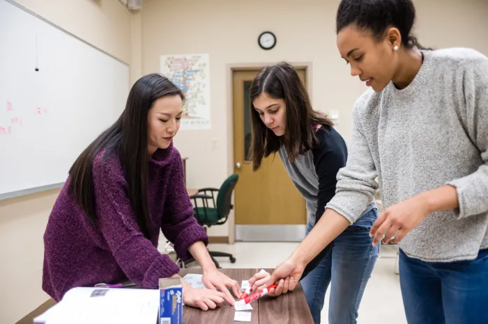 Two female students working with a faculty member