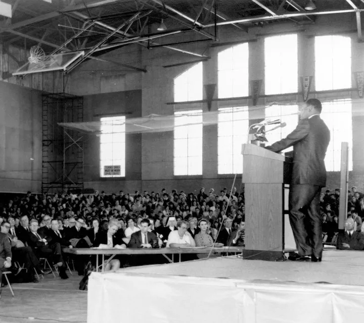 Dr. Martin Luther King Jr. speaks at Marietta College's Ban Johnson Field House on March 2, 1967