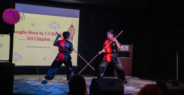 Two Martial Artists performing on stage at Marietta College's Gathering Place