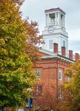Erwin Hall at Marietta College with fall foliage.