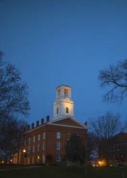 Erwin Hall at dusk on the campus of Marietta College