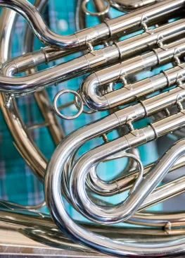 Up-close image of a french horn