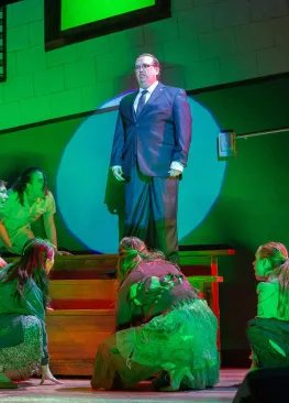 An actor performs during Marietta College Theatre Department's performance of Reefer Madness