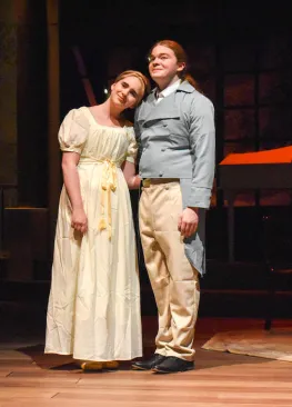 An actor and actress perform during Marietta College Theatre Department's performance of Miss Bennet Christmas At Pemberley