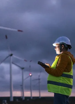 Electricity Maintenance Engineer working on the field at a Wind Turbine Power station at dusk with a moody sky behind