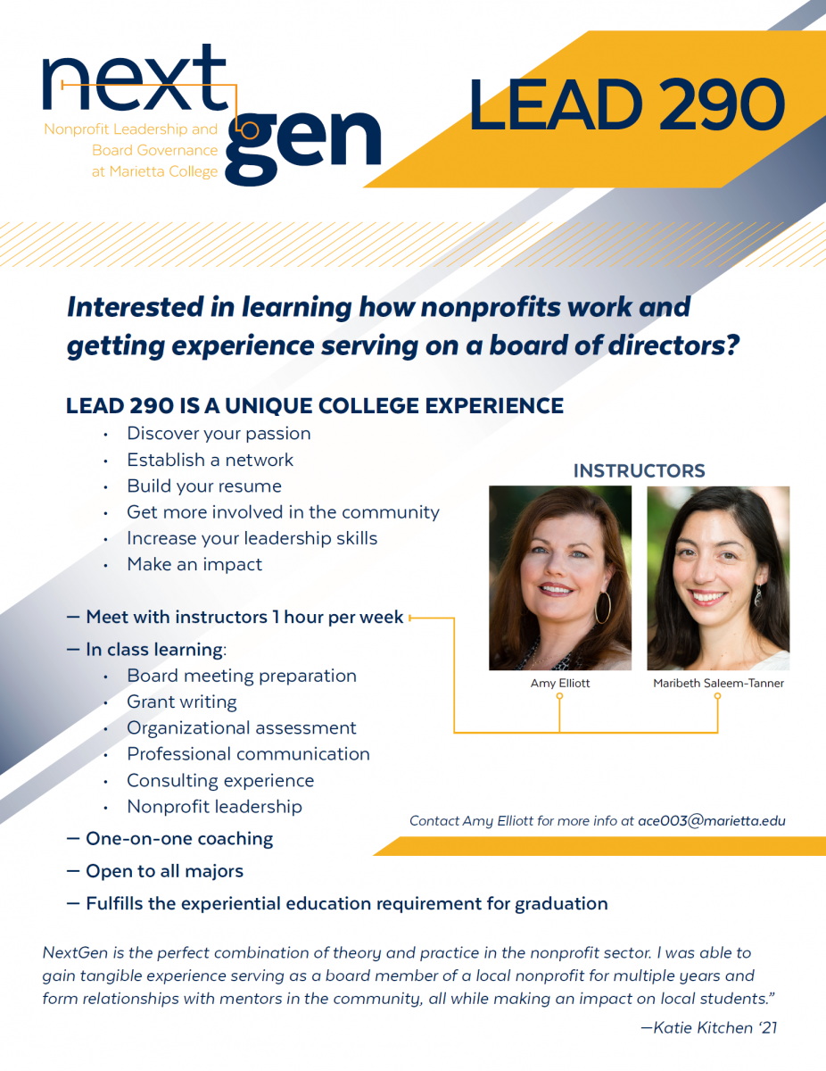 flyer showing instructors and nextgen open to all majors, meet with instructors once per week, learn about nonprofit leadership and board governance