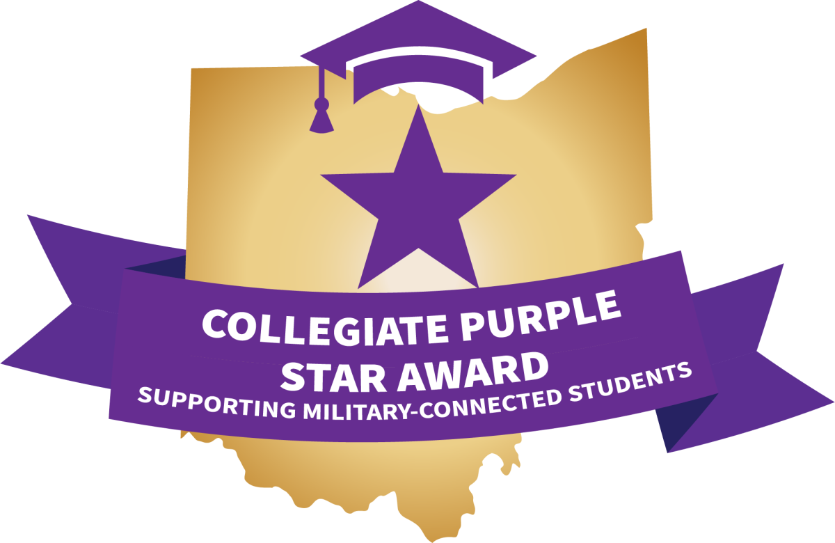 State of Ohio with a graduation cap, purple star and purple ribbon. Text on the ribbon reads "Collegiate Purple Star Award Supporting Military-Connected Students"