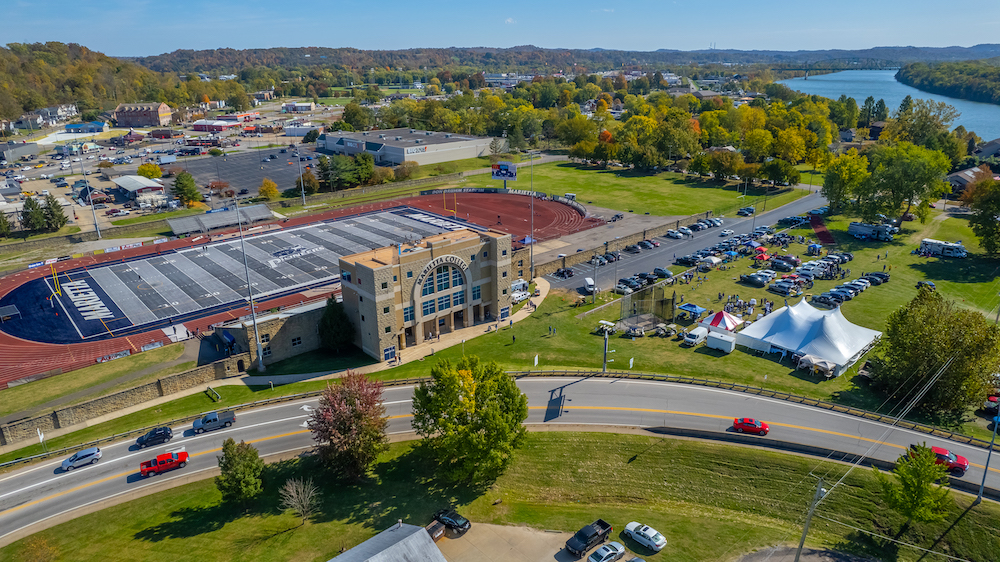 Aerial view of Don Drumm Stadium during homecoming