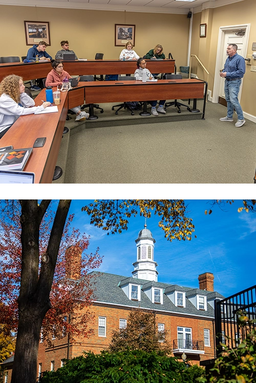 Upper: McDonough Center classroom with professor speaking to students Lower: McDonough Center facade