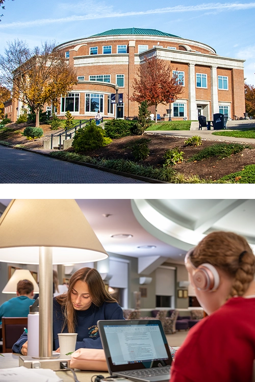 Upper: Legacy Library outer facade. Lower: students studying in Legacy Library