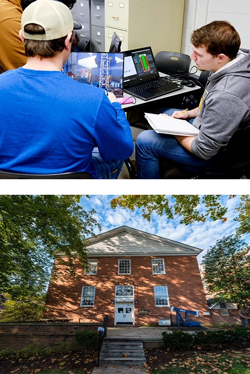 Upper: Students in a classroom. Lower: Brown Petro Building Exterior