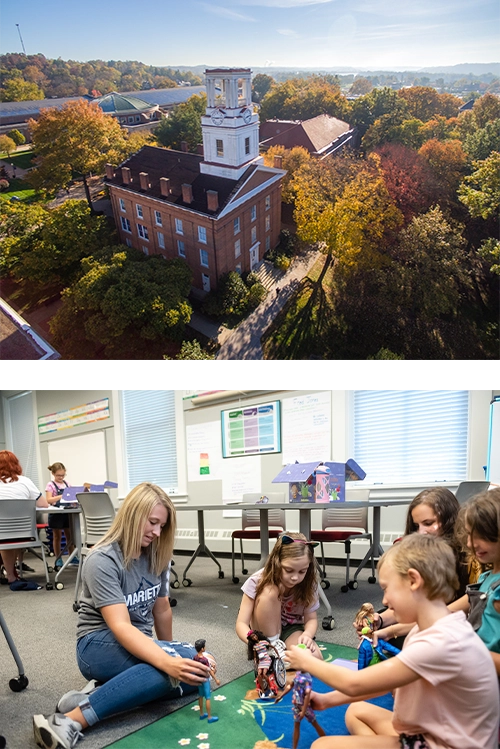 Upper: Erwin Hall. Lower: Teacher Education students working with children