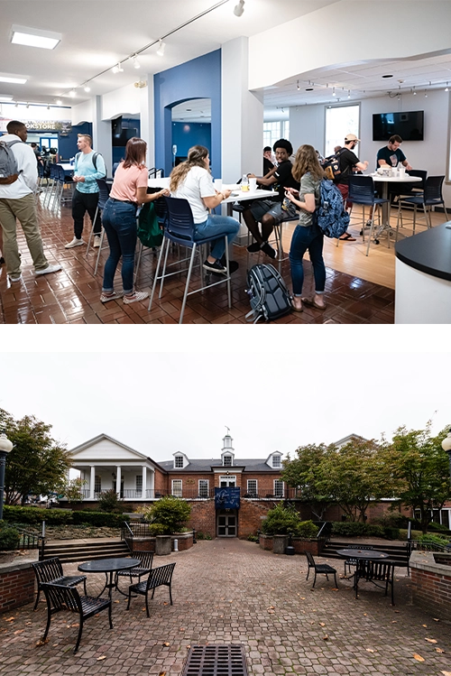 Upper: Students in Gilman Hall. Lower: Gilman Exterior