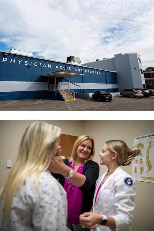 Upper: PA Building Exterior. Lower: PA Students and Professor