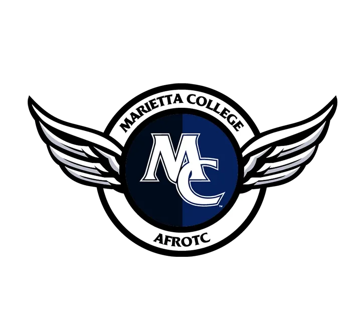 Logo sumbolizing Marietta College Air Force ROTC styled with a blue circle containing a stylized MC and wings on each side of the circle with text in the border reading Marietta College AFROTC