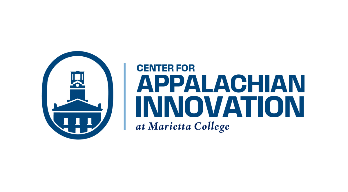 Text logo of Center for Appalachian Innovation at Marietta College with symbol of stylized historic building in oval