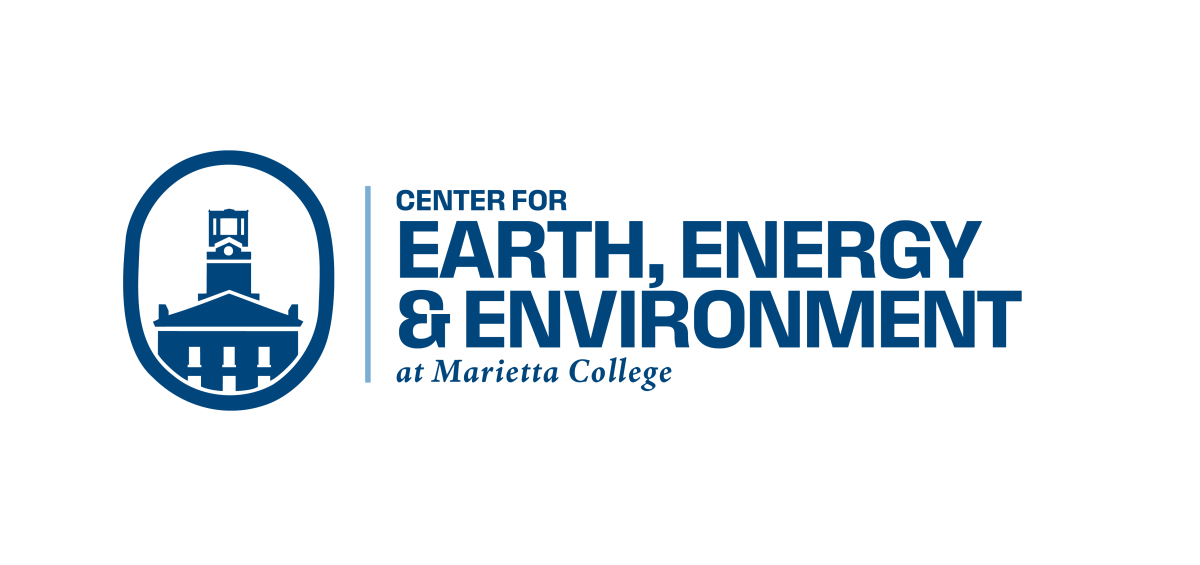 Text logo Center for Earth, Energy and Environment at Marietta College with a symbol depicting a stylized historic building on campus inside an oval 