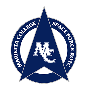 logo symbolizing Space Force ROTC at Marietta College with MC logo in upward pointing arrow within a circular border with text Marietta College Space Force ROTC