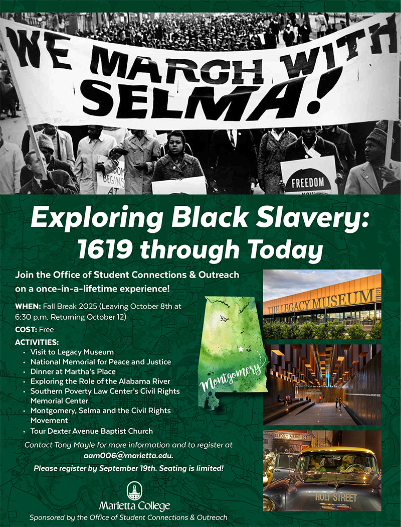 poster promoting trip to Alabama to explore the history of Black Slavery with images of Selma march banner and map of Alabama