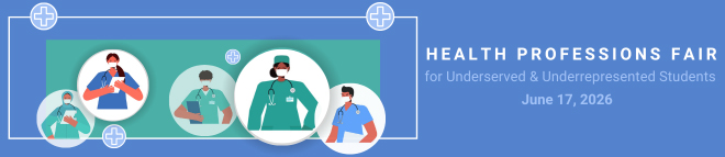 Healthcare workers illustration with text Health Professions Fair