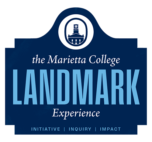 Logo shaped like historic plaque containing text:the Marietta College Landmark Experience