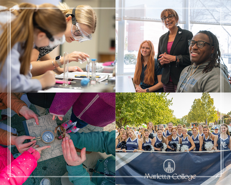 collage of photos showing chemistry lab, student success center, community activity, and MC cheerleaders