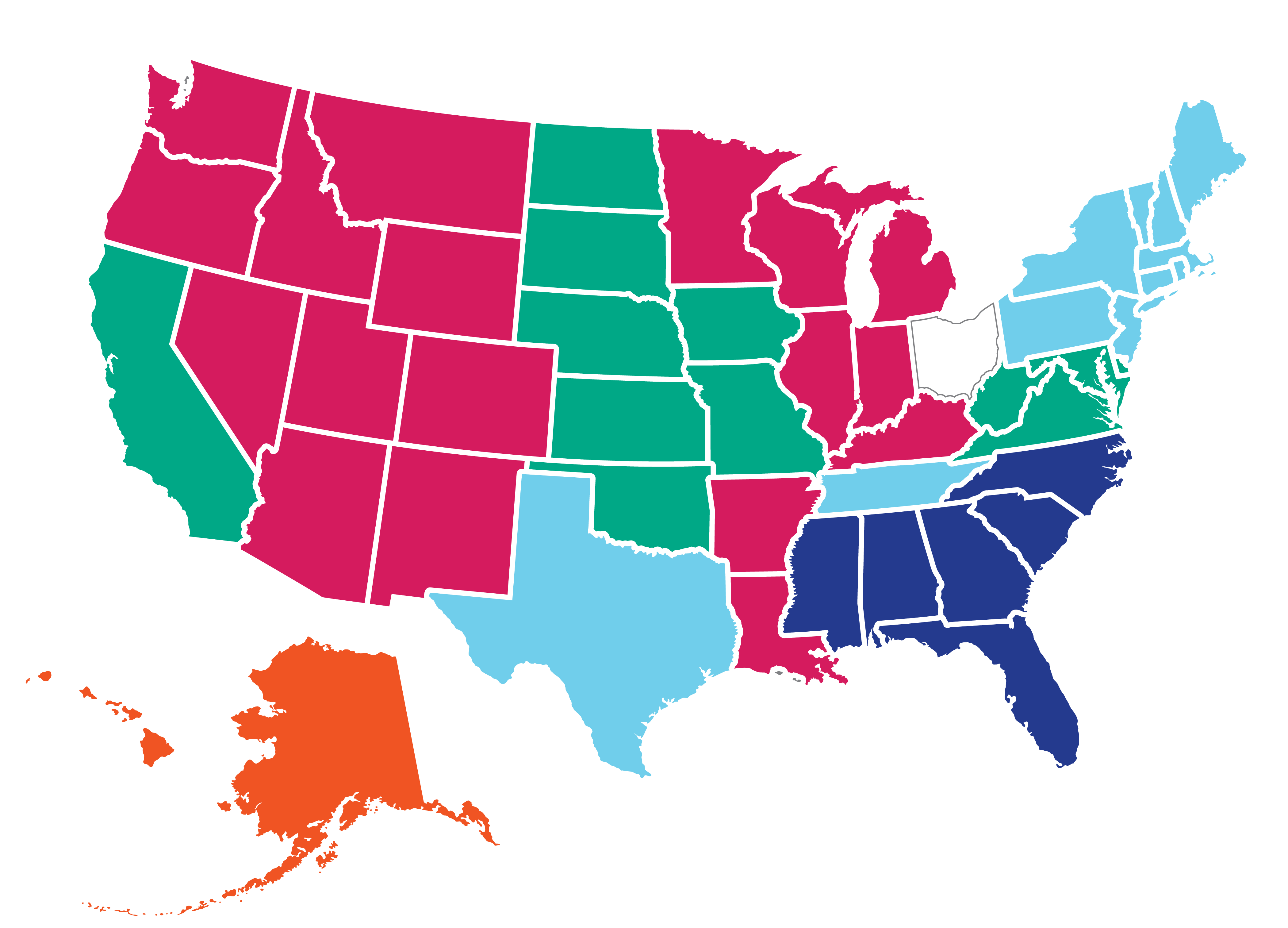 A color coded map of the united states
