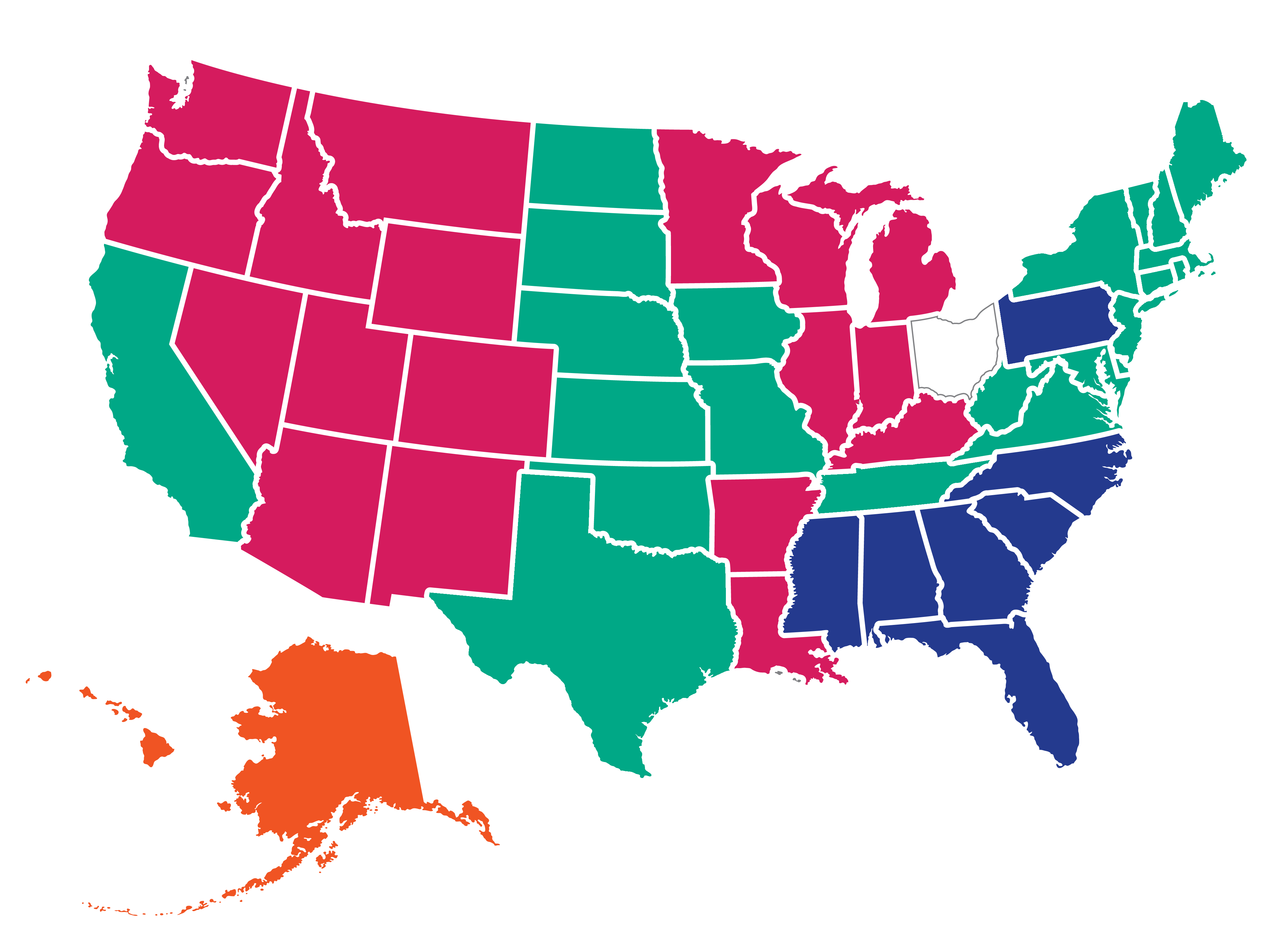 A color coded map of the united states