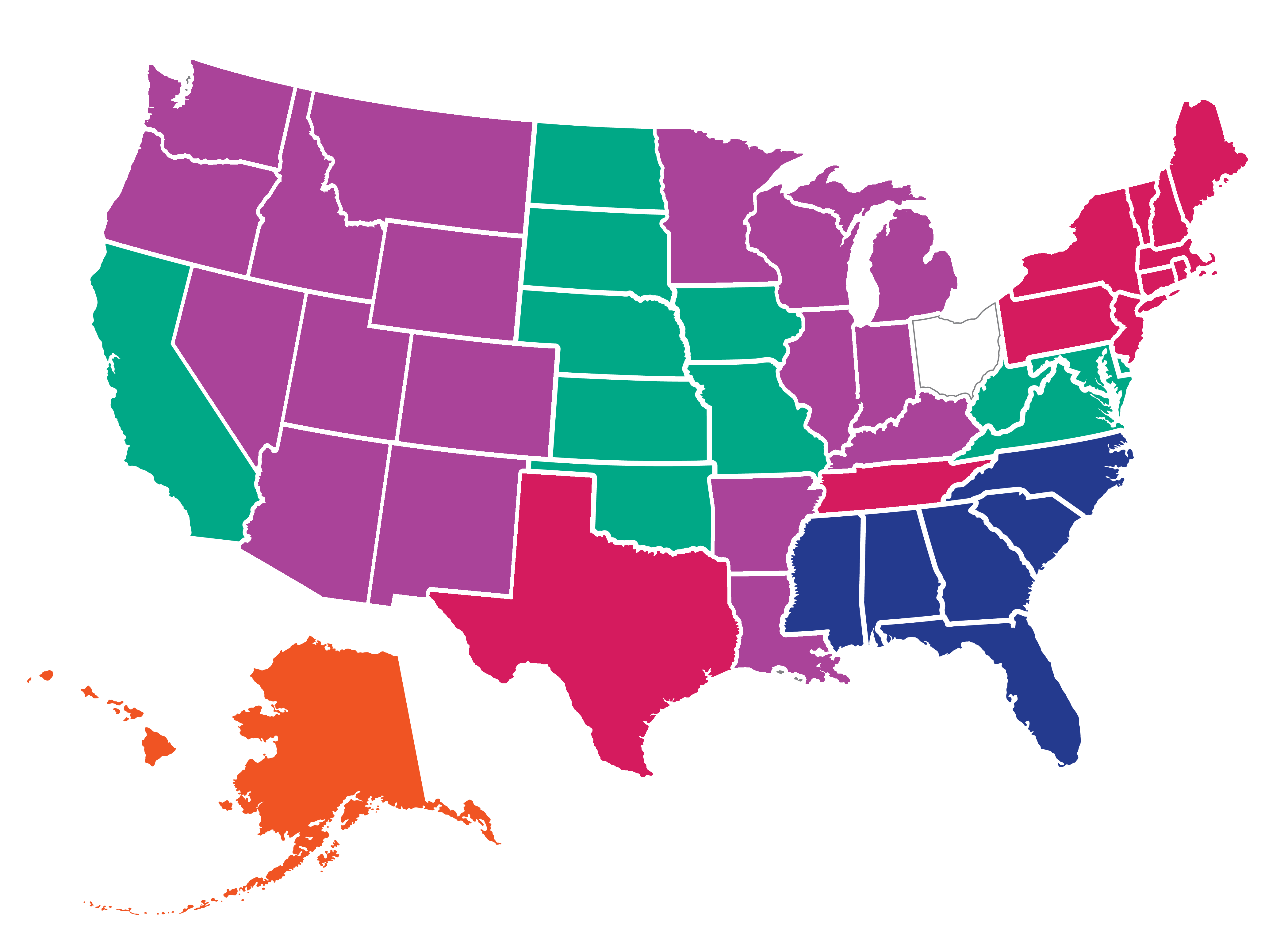 Map of USA with states colored to match names of Admission Employees