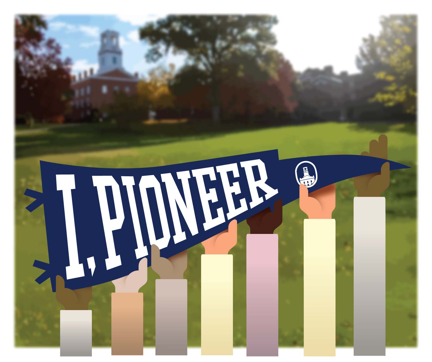 Image of hands holding up I, Pioneer banner