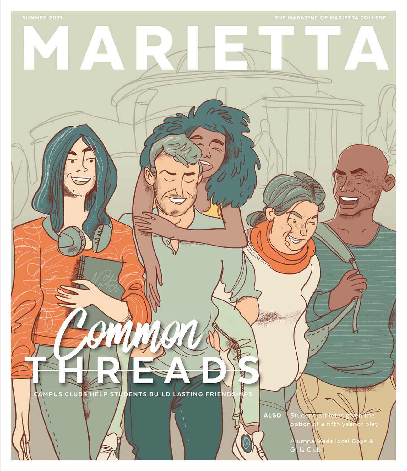 Marietta College Summer 2021 Cover is an illustration of 5 students walking down the Mall at Marietta College