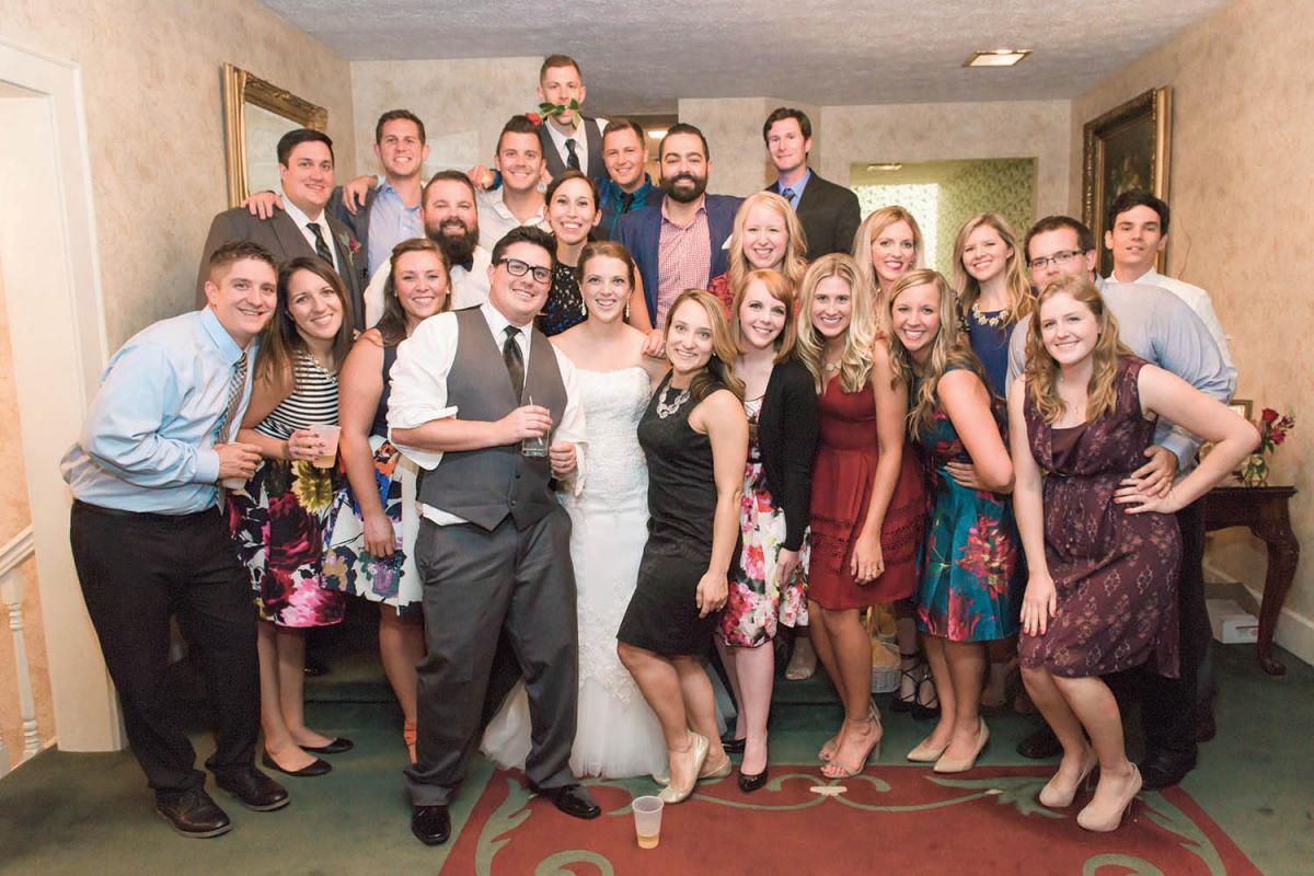 Logan Wern ’10 and Marco Aguiniga ’09 were married on Oct. 1, 2016. Many members of The Long Blue Line were in attendance. (Pictured from back to front & left to right) Dan Holloway ’09, Jeffrey Kimble ’09, Jakob Loukas ’09, Joe Ropp ’09, Cory Parish ’10, Greg Geisler ’10, Jason Monk, Brenda Puckett Wilkerson ’10, Micho Aboukhaled ’10, Kimberly Nelson ’10, Sarah Hathaway ’10,’12, Holly Casto Booth ’10, Wes Casto ’09, Sean Wainwright ’08, Lyndsay Offenberger Monk ’10, Marco, Logan, Jennifer Valentic ’10, Katherine Knight Kimble ’09,’10, Ashley Weiss ’11, Hailee Stender ’10, Tom Fogle ’09 and Corin Bonnett ’11. 