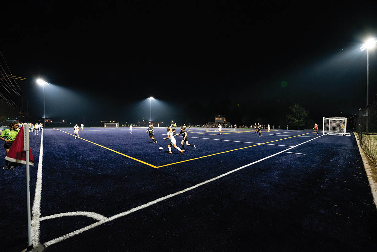 A women's soccer night game at Marietta College's new soccer complex