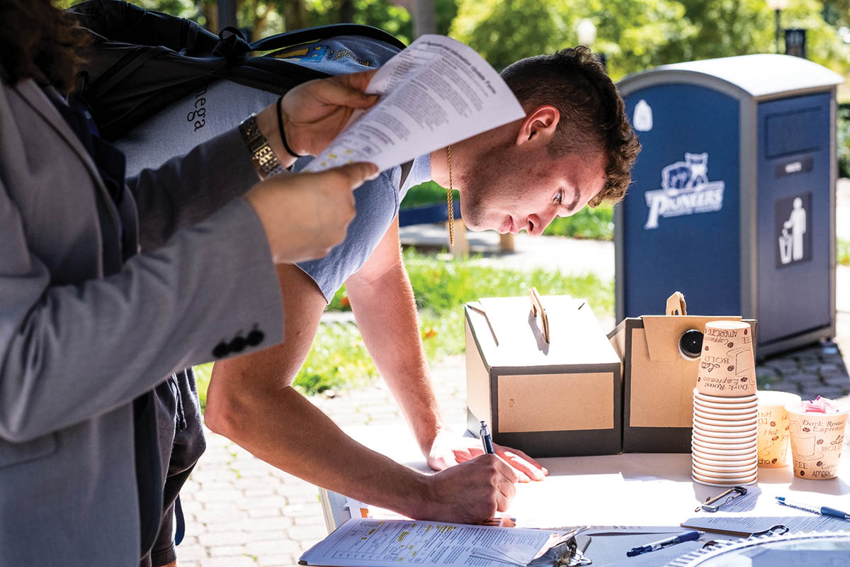 Tyler Walker ’20 was among dozens of students who participated in National Voter Registration Day on September 24th. Organized through the Office of Civic Engagement, students could register in Chlapaty Café, Kremer Amphitheatre or Gilman Hall