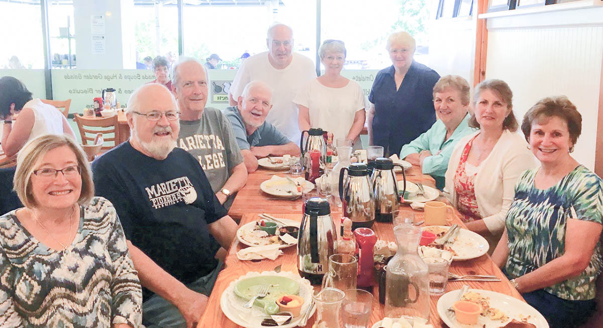 Recently, a group of former Marietta College administrators and faculty enjoyed brunch in Naples, Florida, when they were all in town for the week. (Pictured from left to right around the table) Gail Iannotti (adjunct faculty 1974-80); Bob Walker (Chemistry faculty member from 1972-2009); Art Acton (History Professor and Associate Vice President, 1967-86); Mike DeWine; Sid Potash (business faculty member 1974-2012); Marilyn Potash ’72; Gloria Stewart (Director of Physician Assistant Graduate Program 2001-13); Sue DeWine (Provost 2000-07); Mary Ann Acton; and Jean Scott (President 2000-12).  A combined 133 years of service to Marietta College were represented at the table.