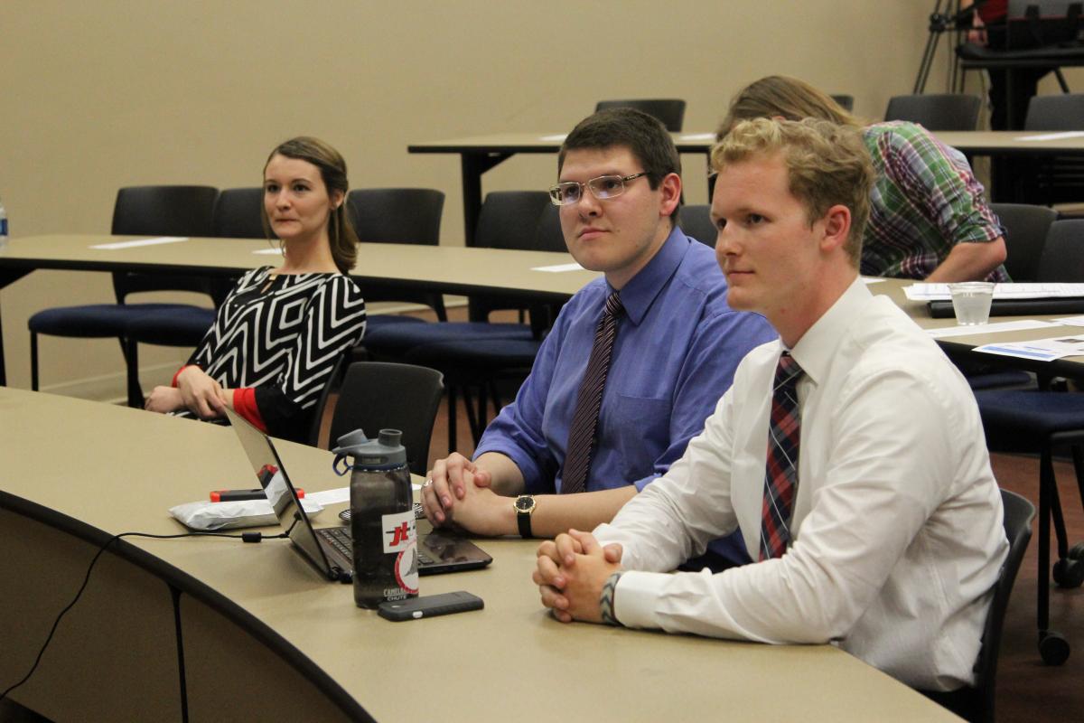 Two Competing teams hope to claim top prize in the First Annual PioBiz Competition. Pictured, left to right: Gabrielle Simmons, Aaron Dillon and Jon Hinson.