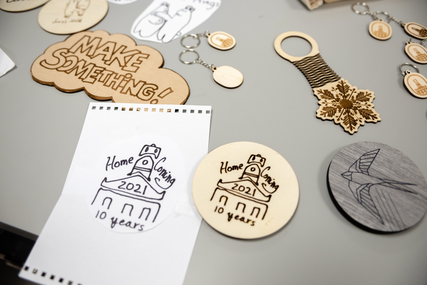 A collection of laser cut and etched objects
