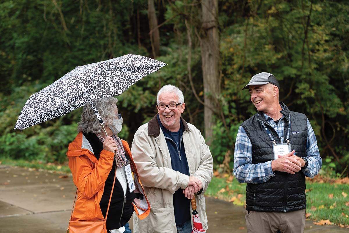 From left to right Lorna Kingsbury Tofuri â81, Todd Diedrick â81 and Chris Dunphy â81 take a guided tour of campus.
